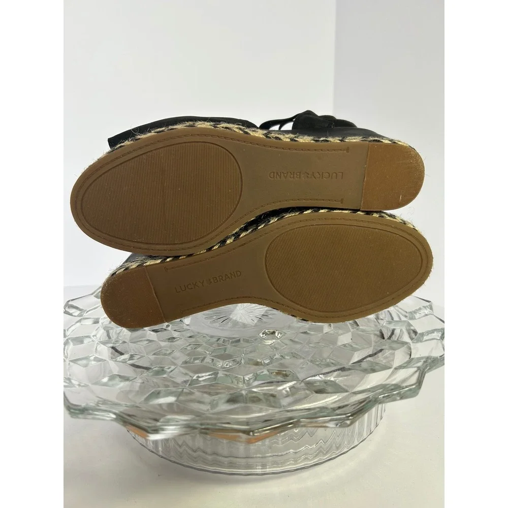 Lucky Brand LK-Bettanie Black Suede Espadrille‎ Wedge Wrap Ankle Sandals